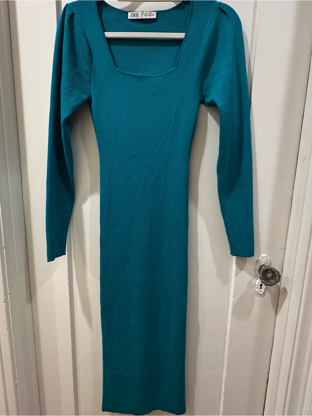 Zara Teal Ribbed Long Sleeve Square Neck Midi Dress